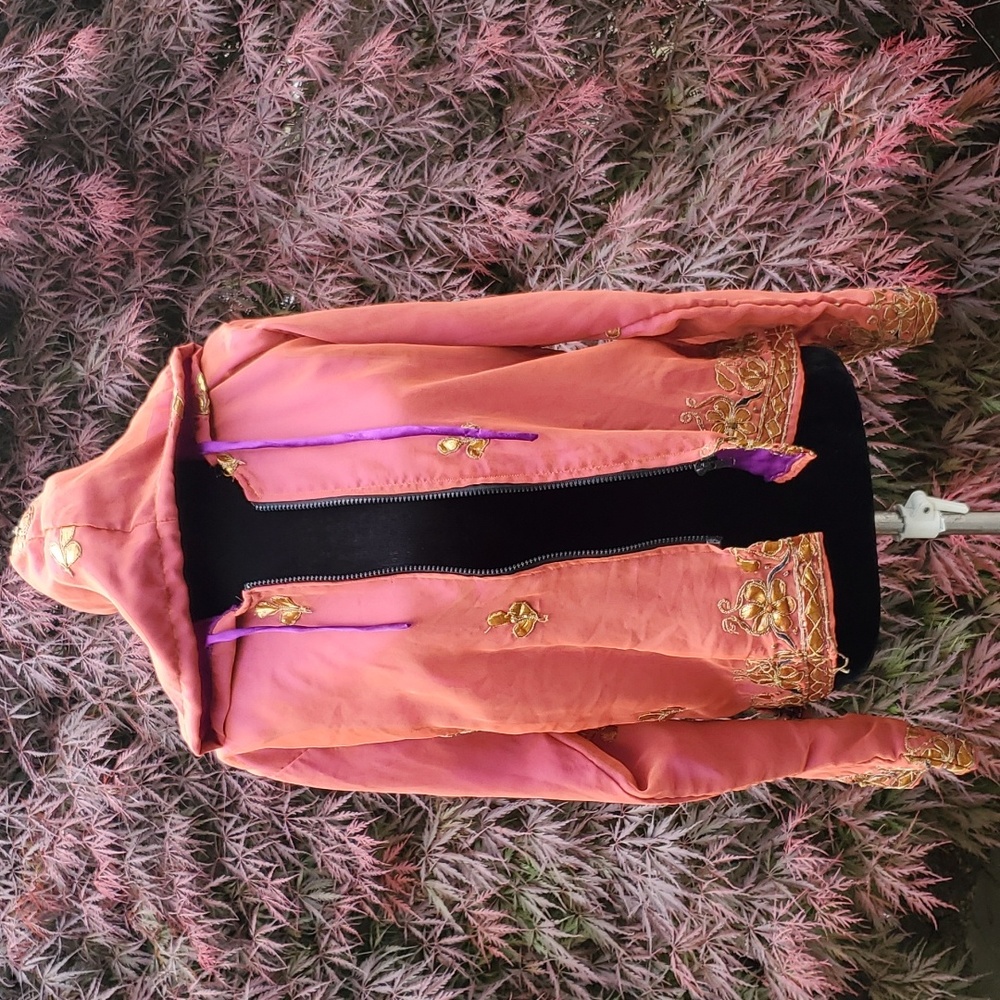 Silk iridescent zip up jacket with hood and ornate floral accent stitching